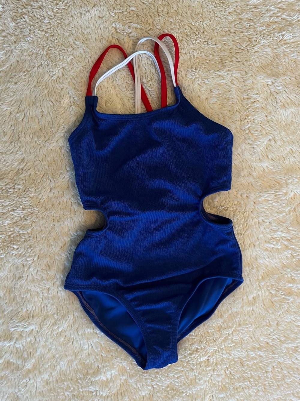 Art Class Girls Blue Cutout One-Piece Swimsuit with Red and White Straps Sz 6x